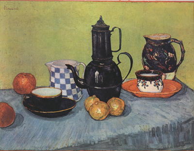 Still life Blue Enamel Coffeepot Earthenware and Fruit (nn04)